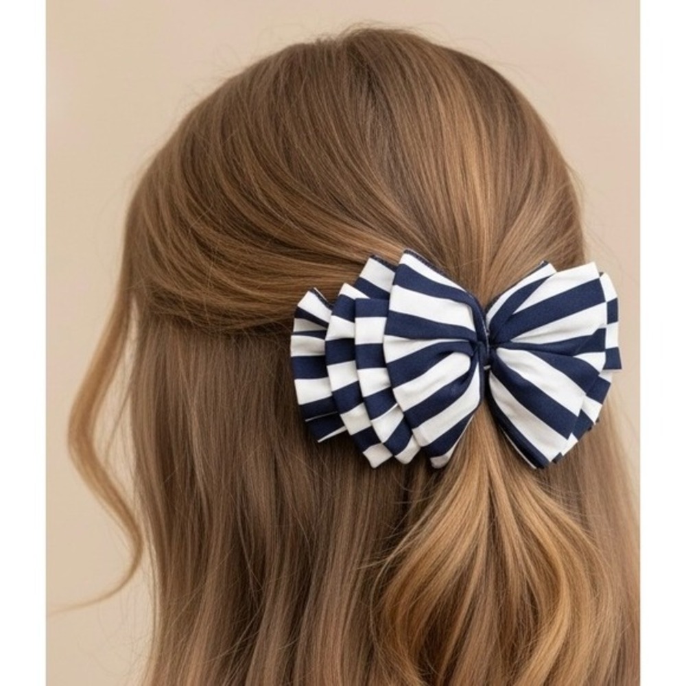 Vintage Navy Blue White Nautical Coastal Striped Ruffled Hair Bow Clip Barrette